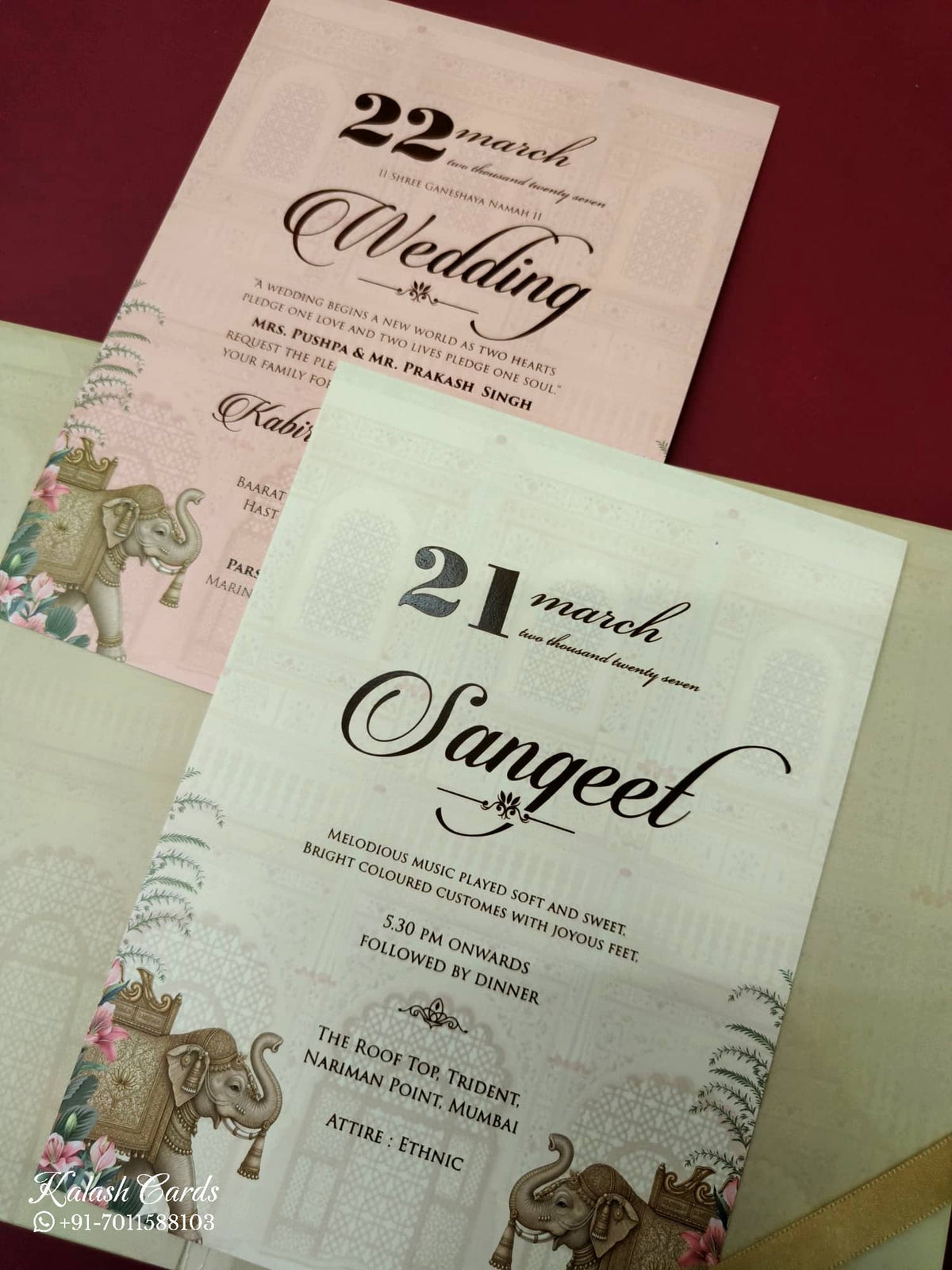 KLB-1052 Creme Maroon Elephant Laser Cut Padded Thick Wedding Card (2 Page & Couple Name Acrylic)