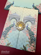 KLB-1053 Blue Peacock Door Style Wedding Card (2 Page & Couple Initial Acrylic)