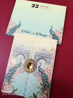 KLB-1053 Blue Peacock Door Style Wedding Card (2 Page & Couple Initial Acrylic)