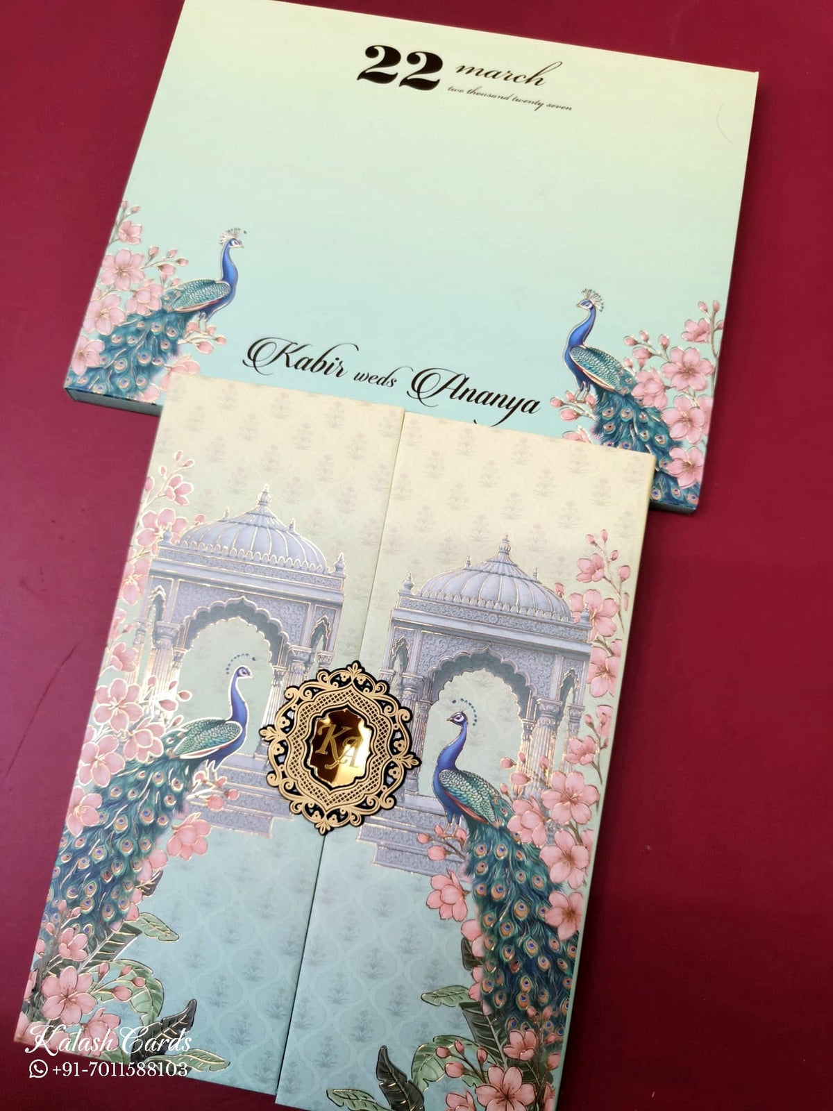 KLB-1053 Blue Peacock Door Style Wedding Card (2 Page & Couple Initial Acrylic)