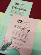 KLB-1053 Blue Peacock Door Style Wedding Card (2 Page & Couple Initial Acrylic)