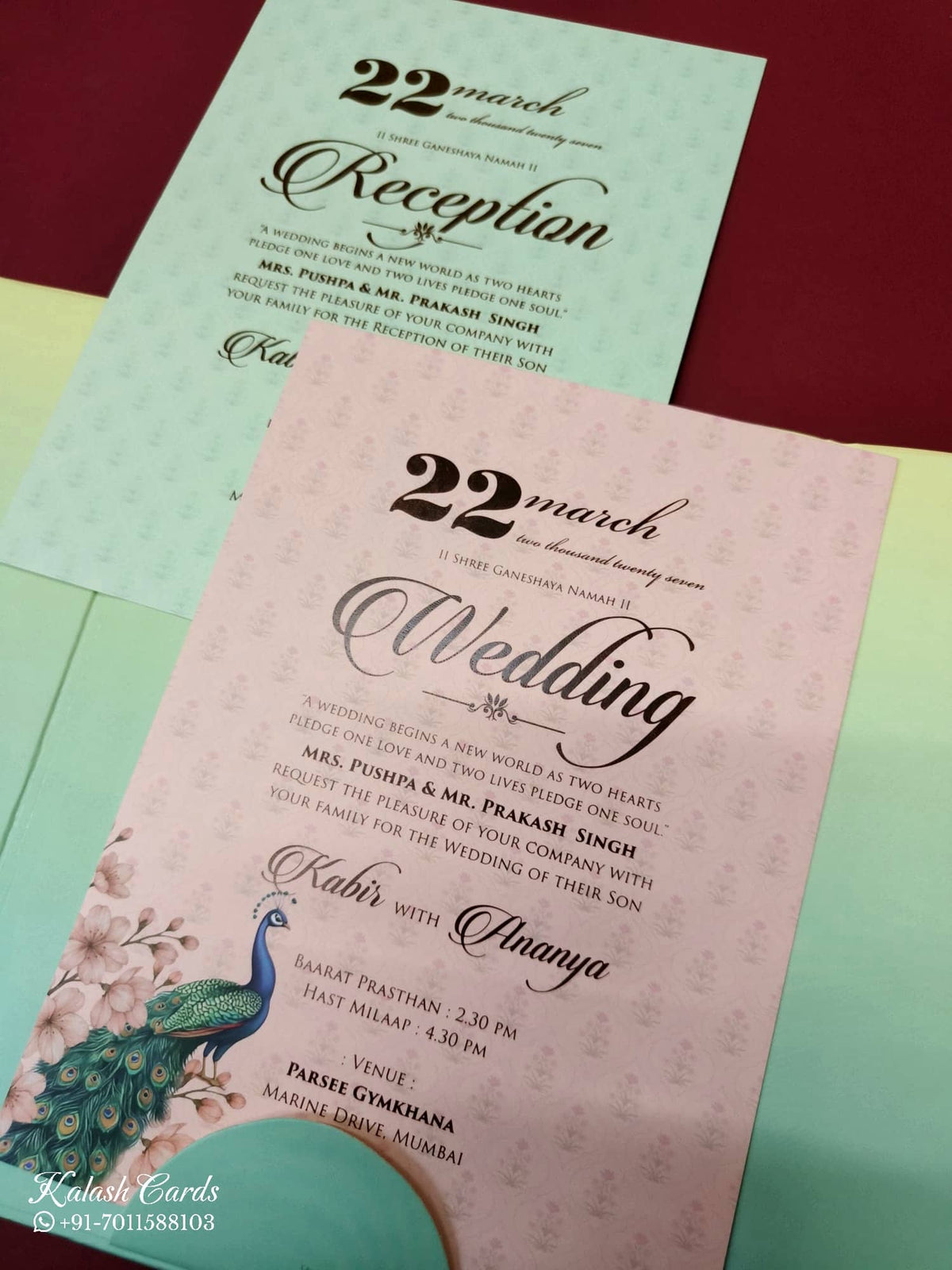 KLB-1053 Blue Peacock Door Style Wedding Card (2 Page & Couple Initial Acrylic)
