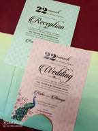 KLB-1053 Blue Peacock Door Style Wedding Card (2 Page & Couple Initial Acrylic)