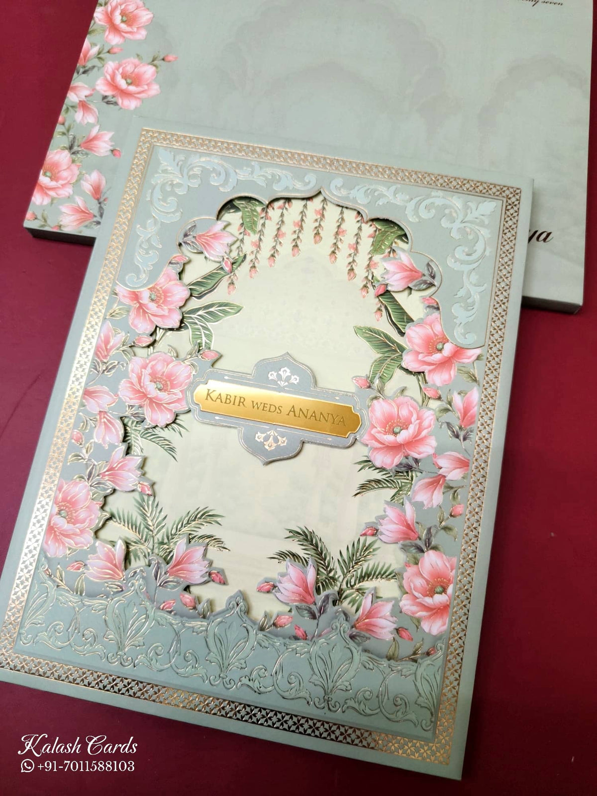 KLB-1055 Green Floral Laser Cut Padded Thick Wedding Card (2 Page & Couple Name Acrylic)