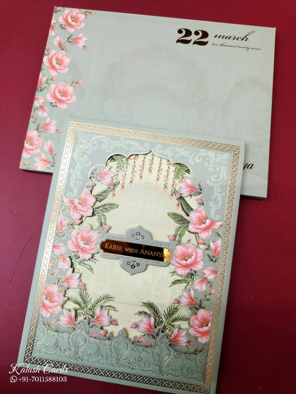 KLB-1055 Green Floral Laser Cut Padded Thick Wedding Card (2 Page & Couple Name Acrylic)