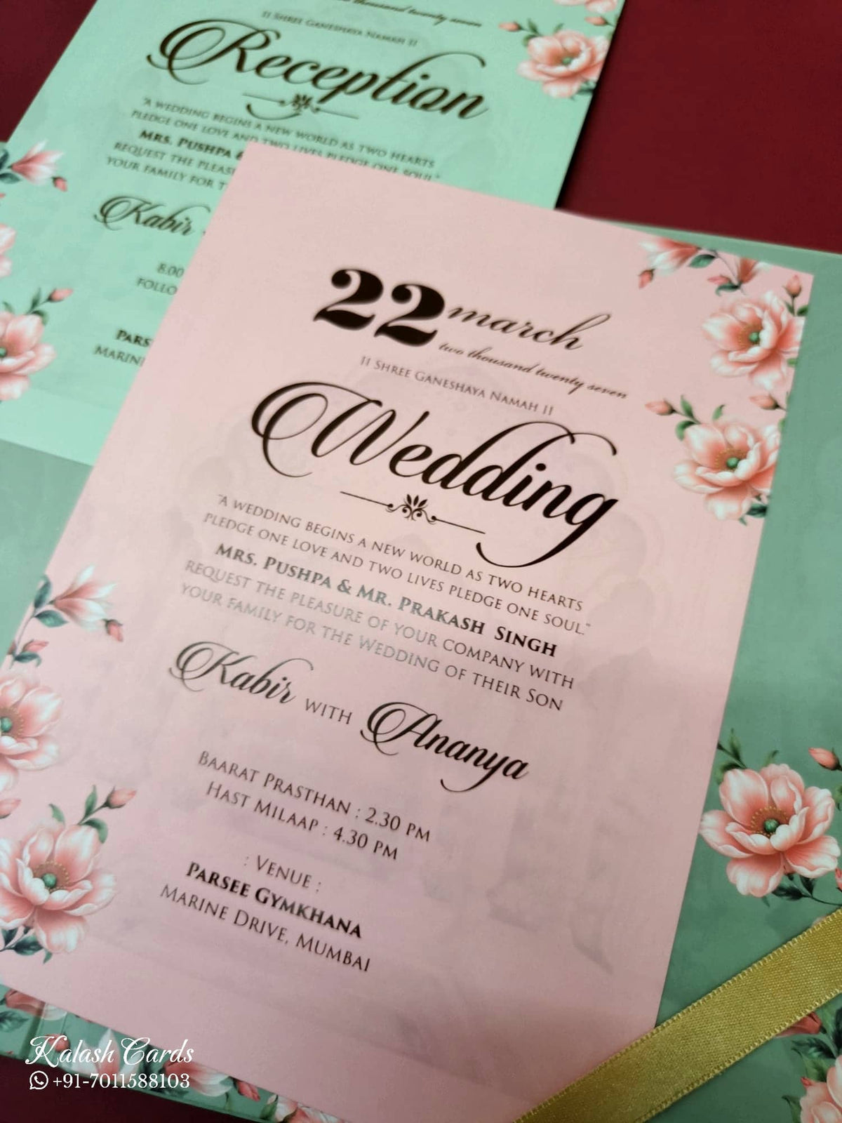 KLB-1055 Green Floral Laser Cut Padded Thick Wedding Card (2 Page & Couple Name Acrylic)