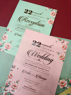 KLB-1055 Green Floral Laser Cut Padded Thick Wedding Card (2 Page & Couple Name Acrylic)