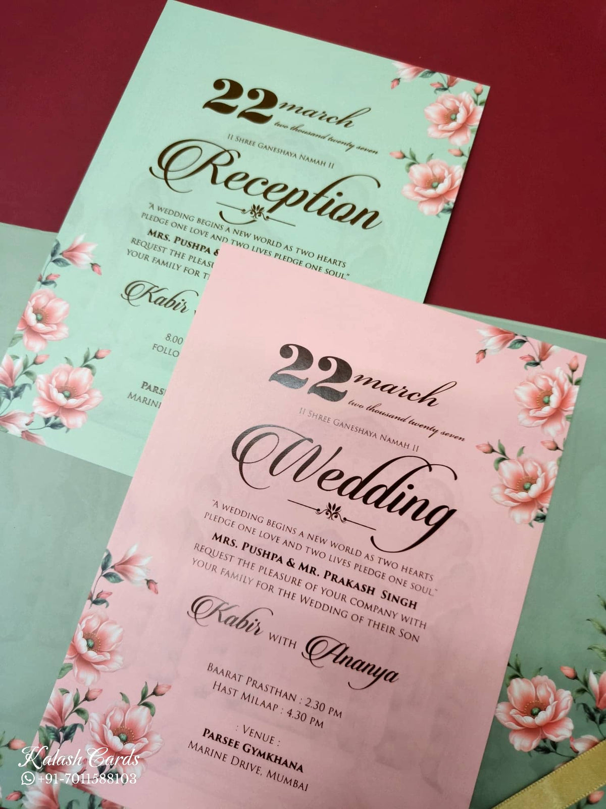 KLB-1055 Green Floral Laser Cut Padded Thick Wedding Card (2 Page & Couple Name Acrylic)