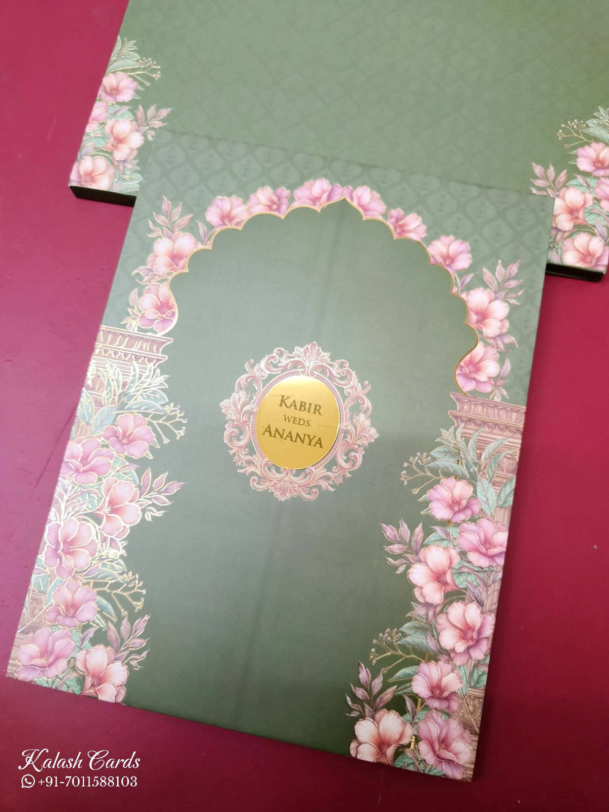 KLB-1056 Green Floral Padded Thick Wedding Card (2 Page & Couple Name Acrylic)