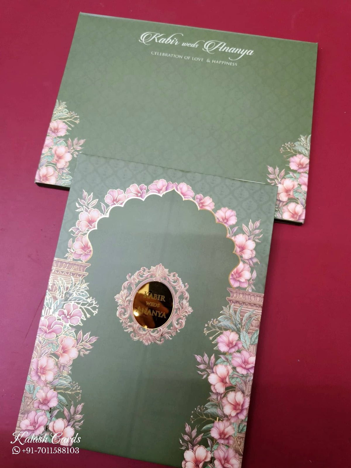 KLB-1056 Green Floral Padded Thick Wedding Card (2 Page & Couple Name Acrylic)