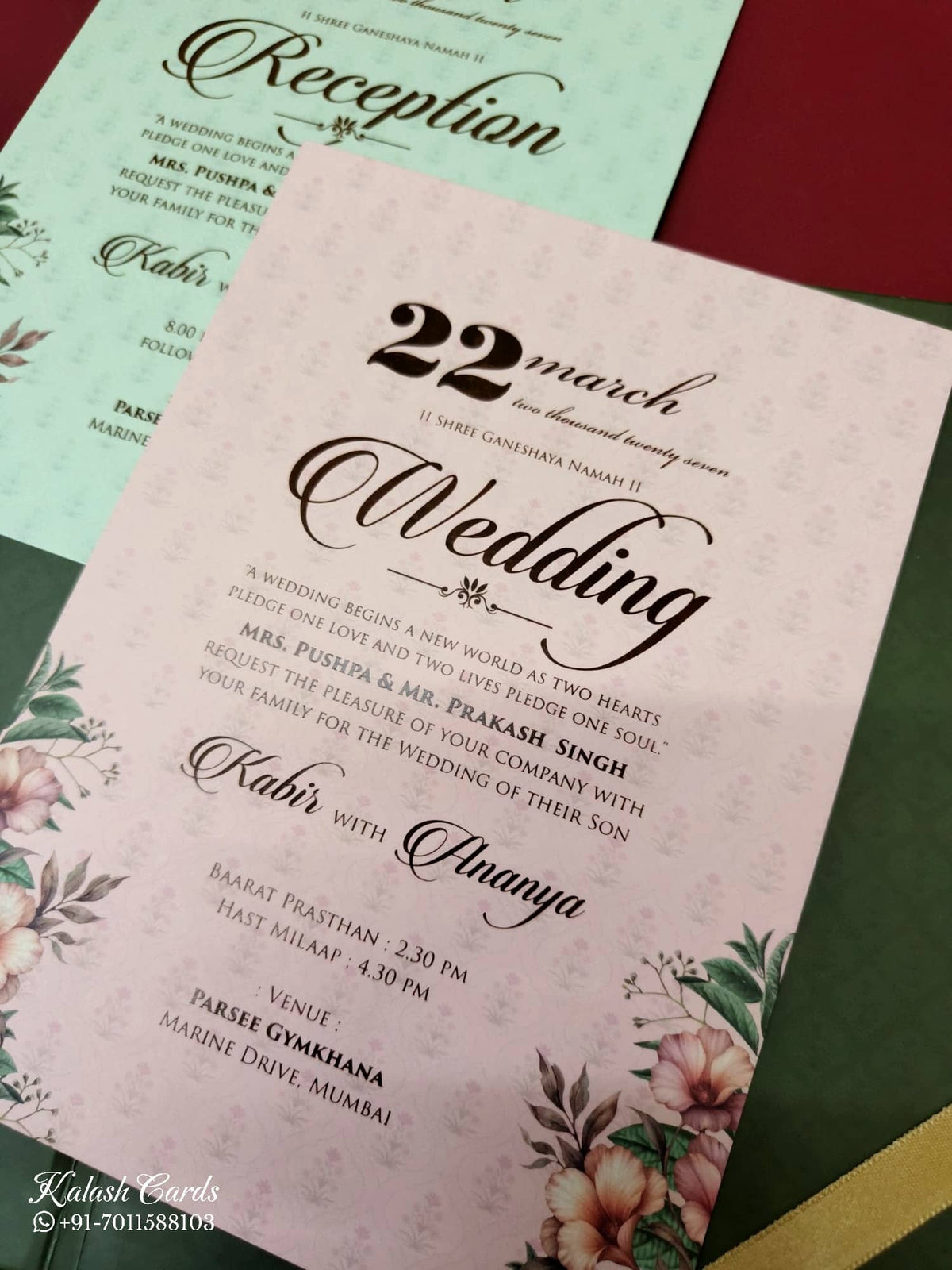 KLB-1056 Green Floral Padded Thick Wedding Card (2 Page & Couple Name Acrylic)