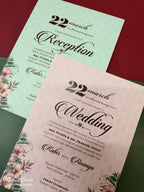 KLB-1056 Green Floral Padded Thick Wedding Card (2 Page & Couple Name Acrylic)