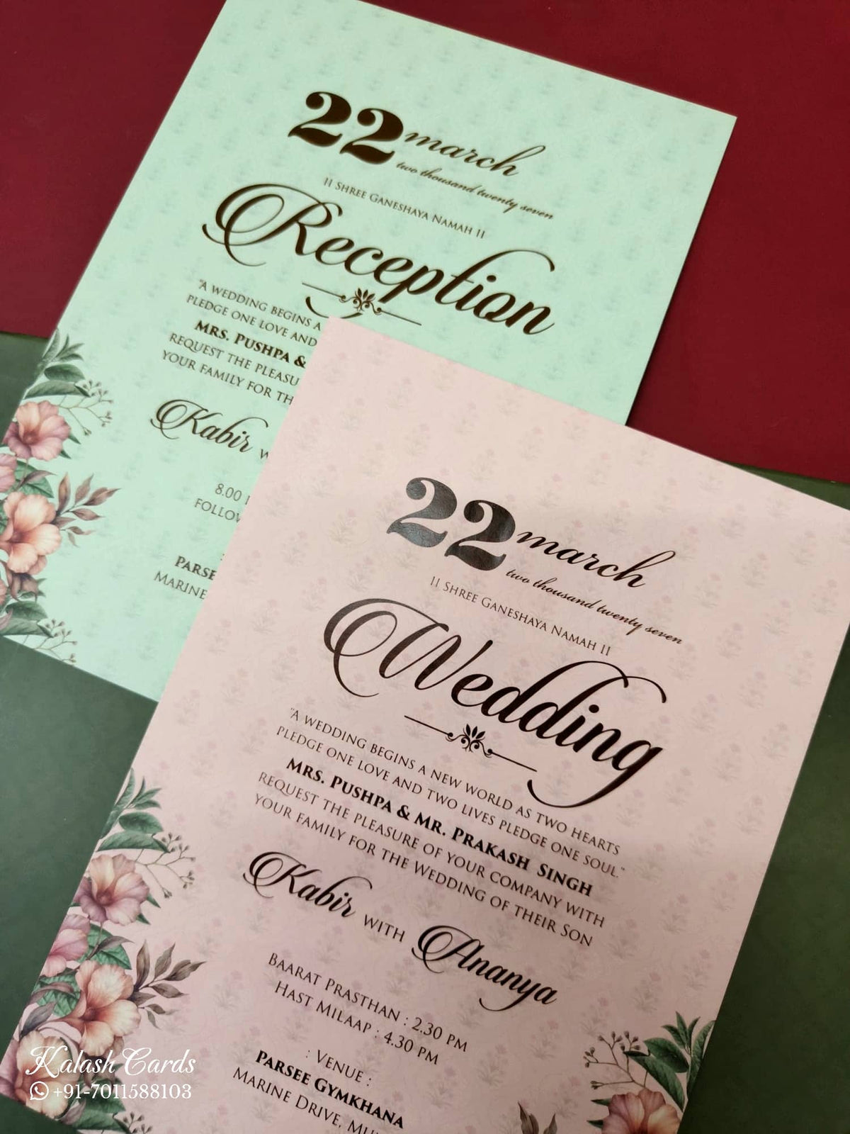 KLB-1056 Green Floral Padded Thick Wedding Card (2 Page & Couple Name Acrylic)
