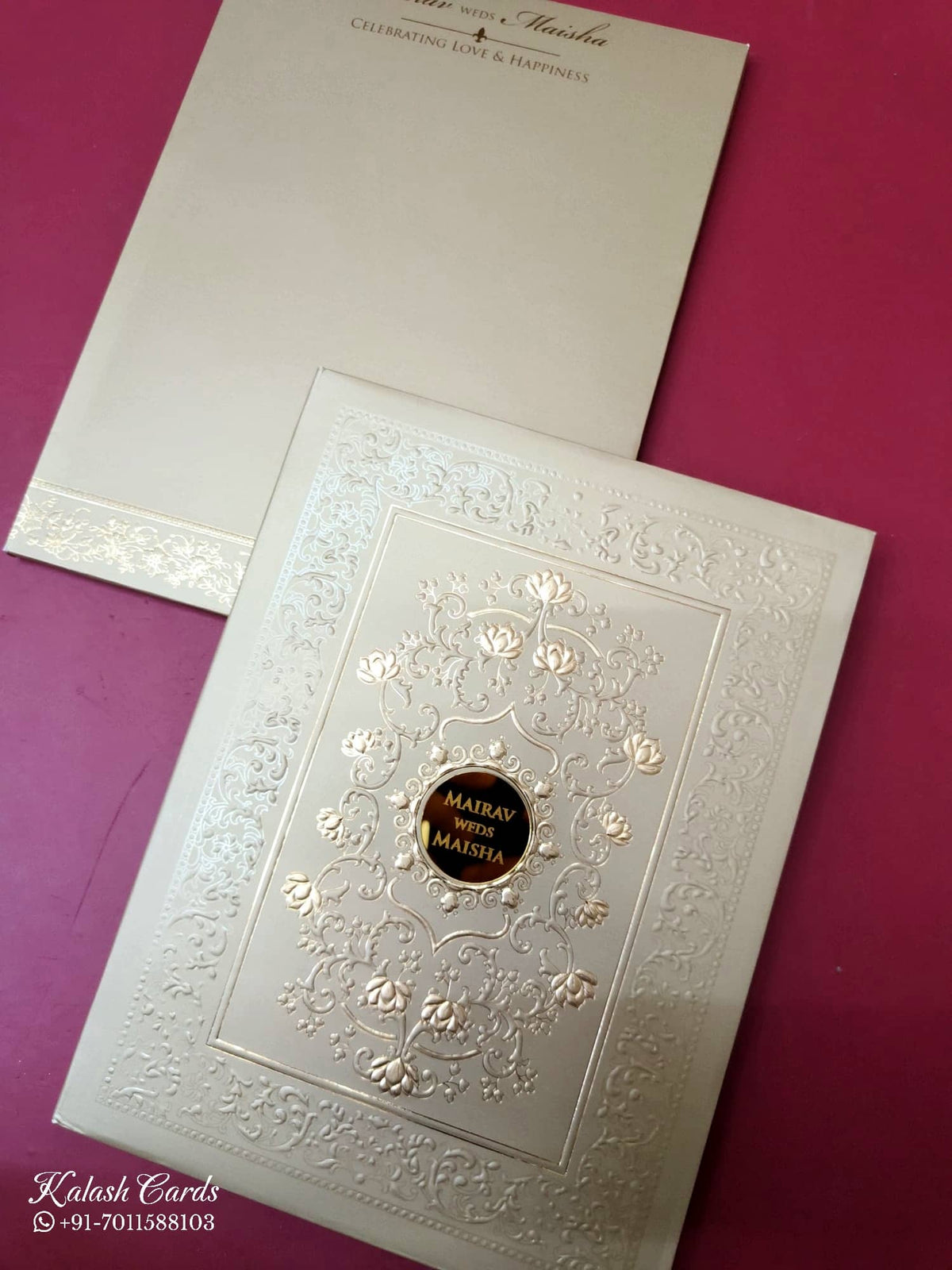 KLB-1058 Brown Golden Floral Embossed Padded Thick Wedding Card (2 Page & Couple Name Acrylic)