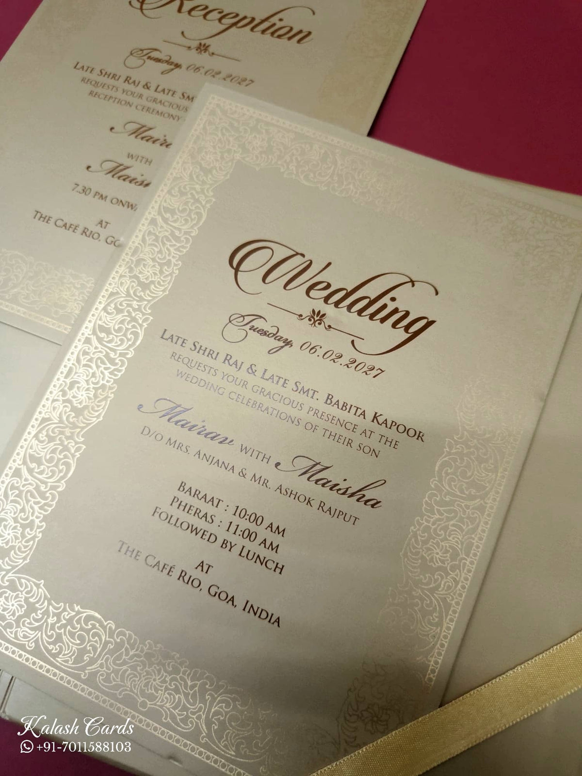 KLB-1058 Brown Golden Floral Embossed Padded Thick Wedding Card (2 Page & Couple Name Acrylic)
