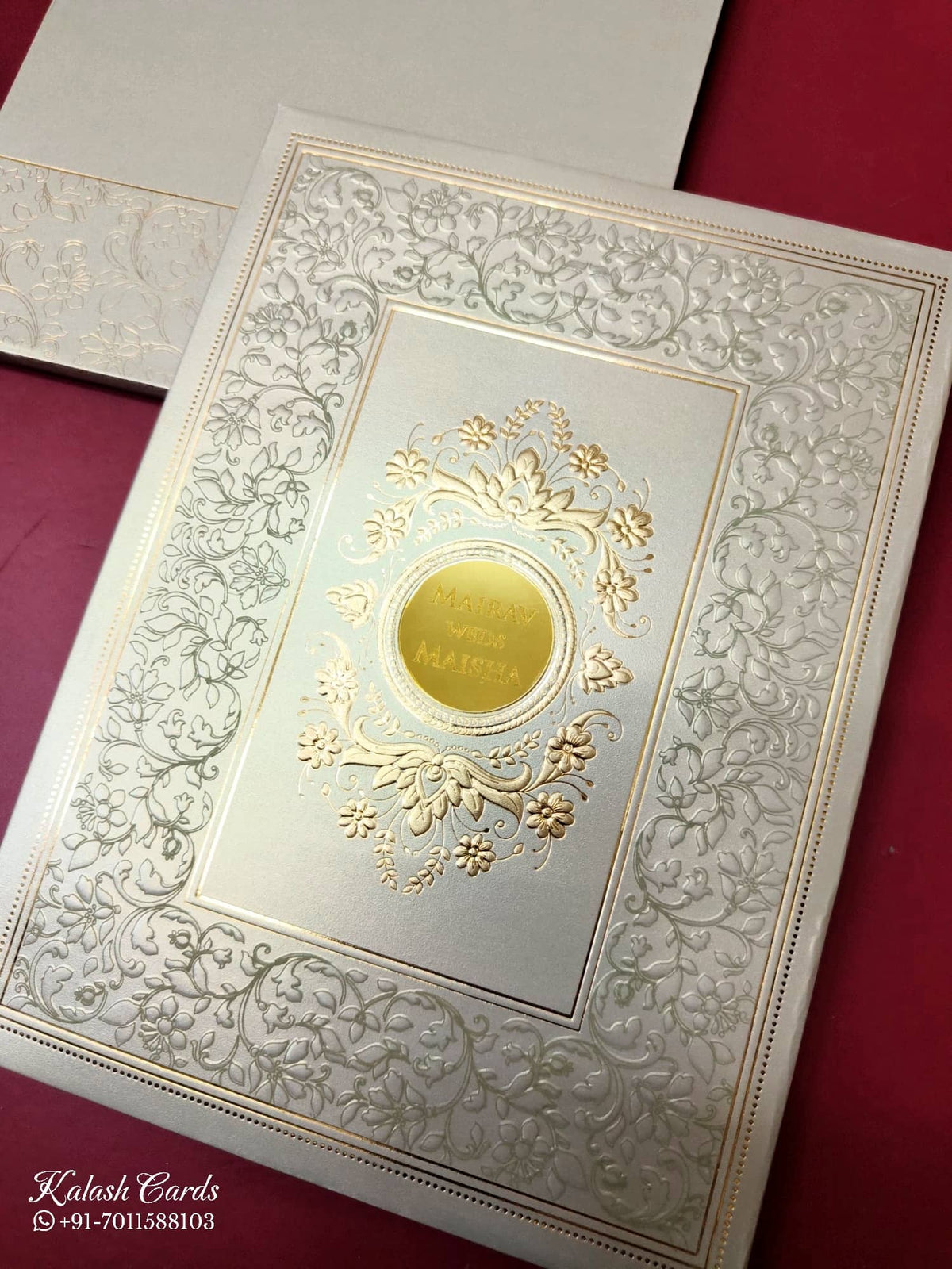 KLB-1059 Brown Golden Floral Embossed Padded Thick Wedding Card (2 Page & Couple Name Acrylic)