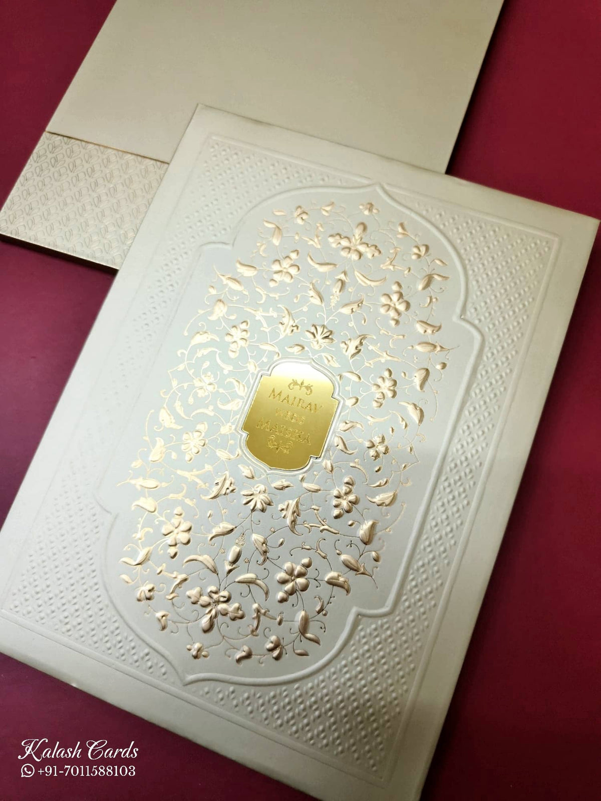 KLB-1060 Brown Golden Floral Embossed Padded Thick Wedding Card (2 Page & Couple Name Acrylic)
