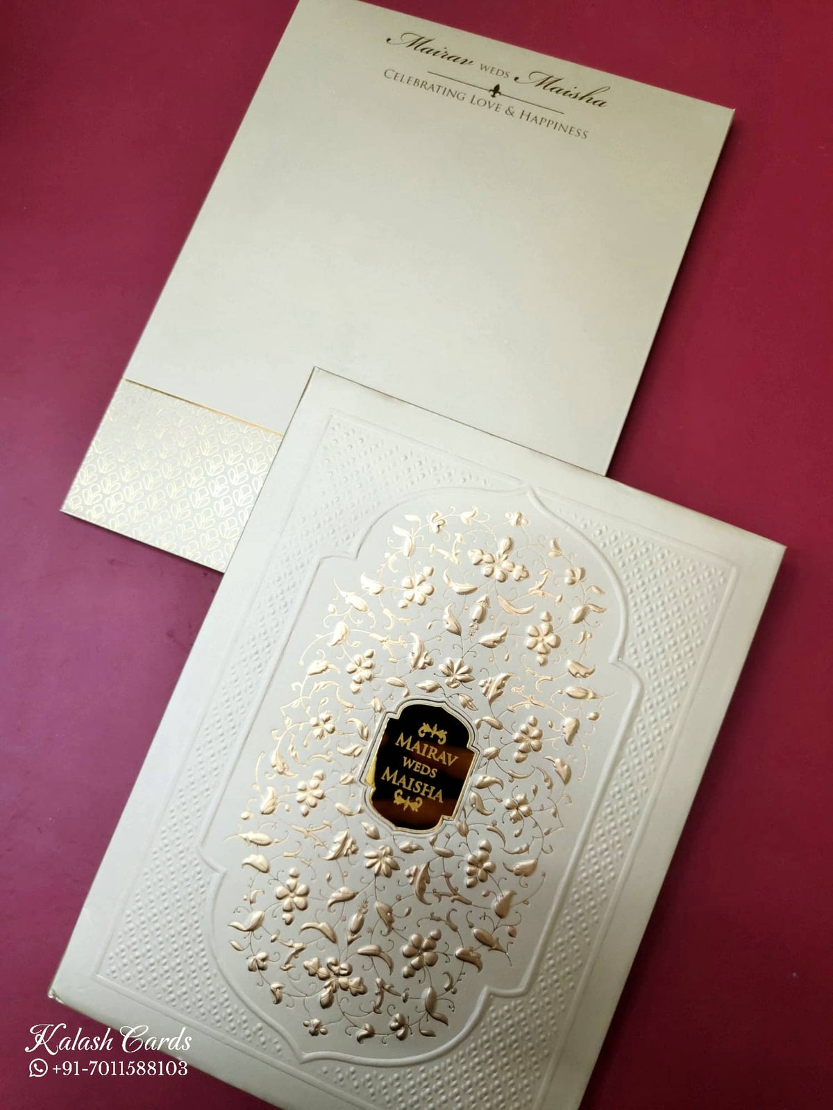 KLB-1060 Brown Golden Floral Embossed Padded Thick Wedding Card (2 Page & Couple Name Acrylic)