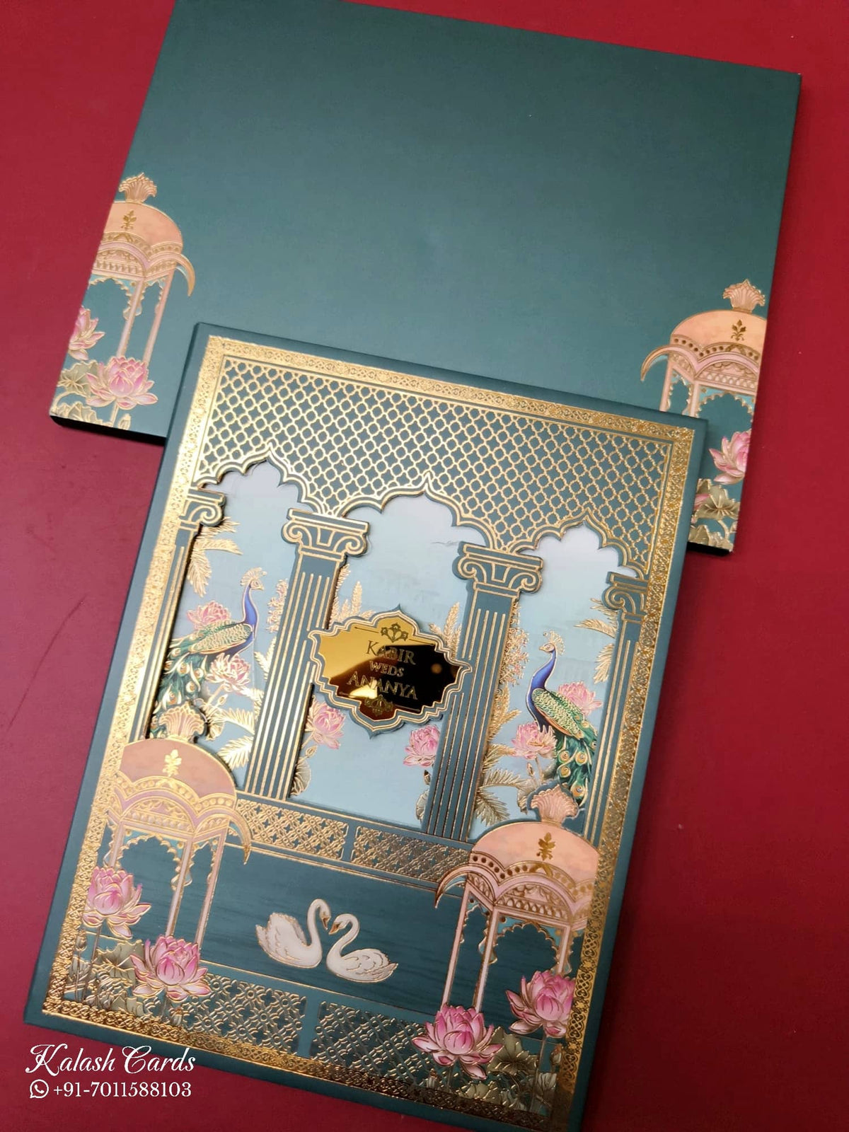 KLB-1062 Blue Royal Fort Laser Cut Padded Thick Wedding Card (2 Page & Couple Name Acrylic)