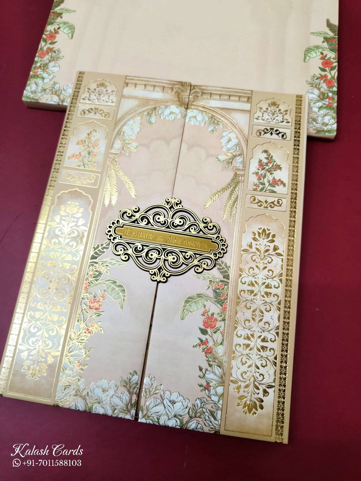 KLB-1063 Creme Royal Arch Door Style Padded Thick Wedding Card (2 Page & Couple Name Acrylic)