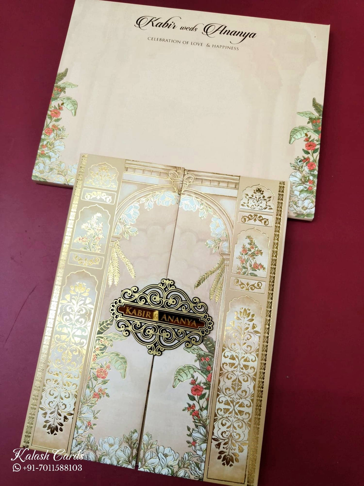KLB-1063 Creme Royal Arch Door Style Padded Thick Wedding Card (2 Page & Couple Name Acrylic)