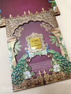 KLB-1064 Maroon Royal Arch Peacock Laser Cut Padded Thick Wedding Card (2 Page & Couple Name Acrylic)