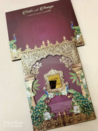 KLB-1064 Maroon Royal Arch Peacock Laser Cut Padded Thick Wedding Card (2 Page & Couple Name Acrylic)