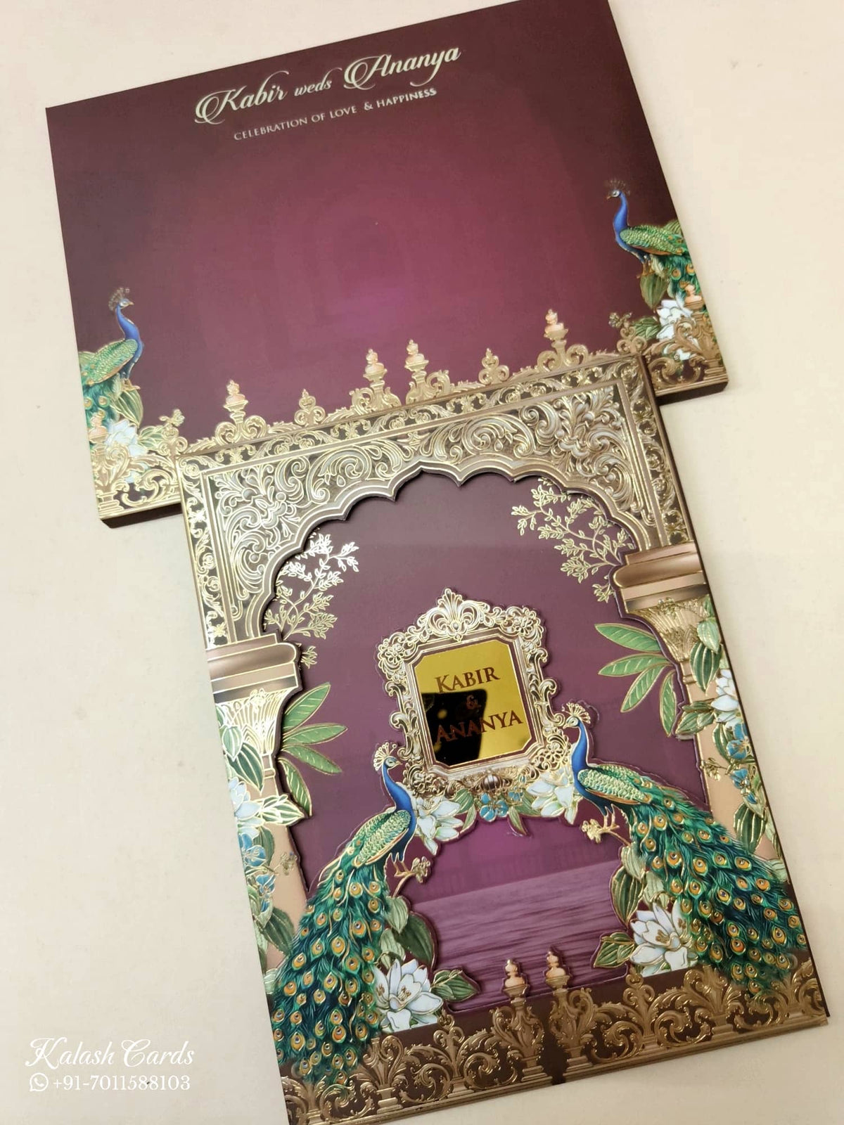 KLB-1064 Maroon Royal Arch Peacock Laser Cut Padded Thick Wedding Card (2 Page & Couple Name Acrylic)