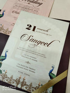 KLB-1064 Maroon Royal Arch Peacock Laser Cut Padded Thick Wedding Card (2 Page & Couple Name Acrylic)