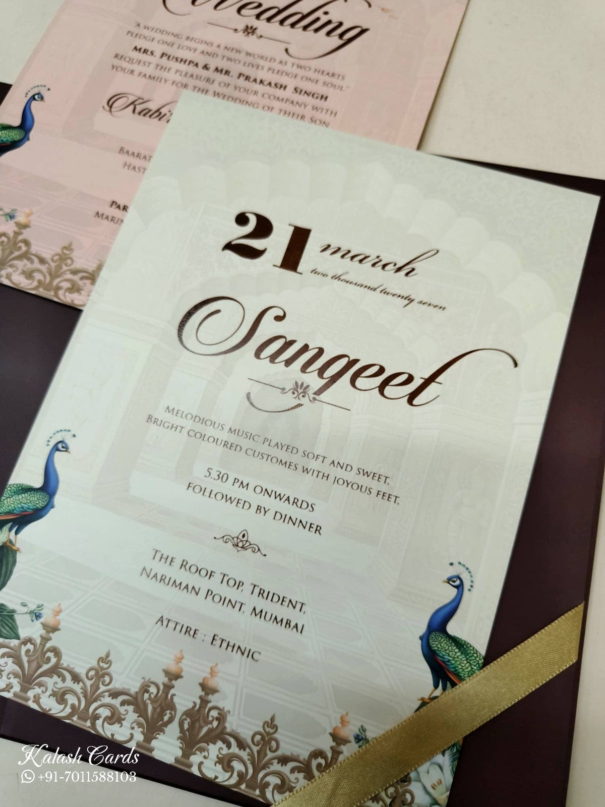 KLB-1064 Maroon Royal Arch Peacock Laser Cut Padded Thick Wedding Card (2 Page & Couple Name Acrylic)