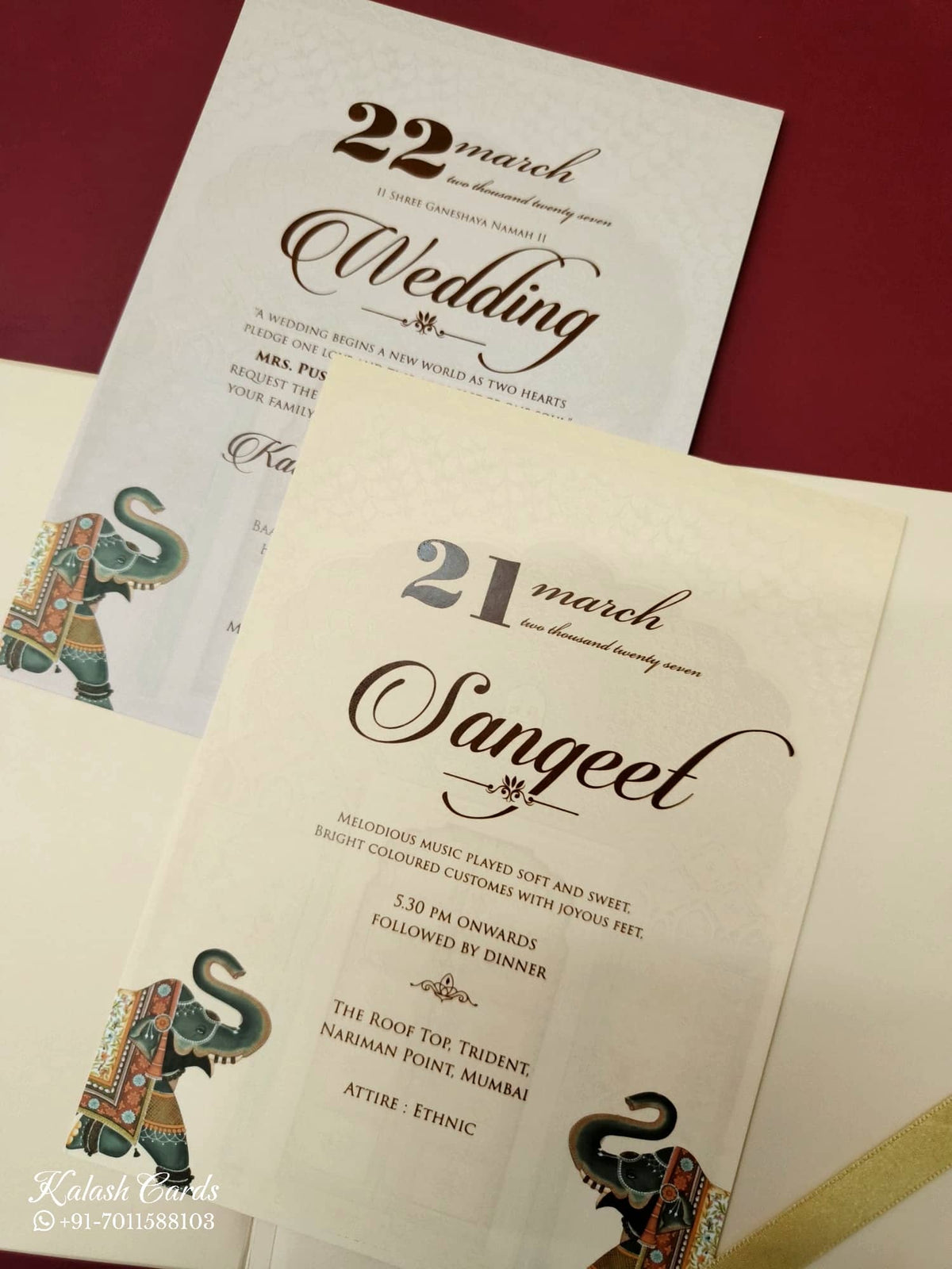 KLB-1065 Creme Elephant Laser Cut Padded Thick Wedding Card (2 Page & Couple Name Acrylic)