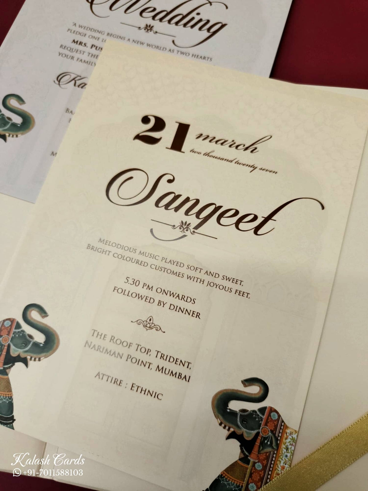 KLB-1065 Creme Elephant Laser Cut Padded Thick Wedding Card (2 Page & Couple Name Acrylic)
