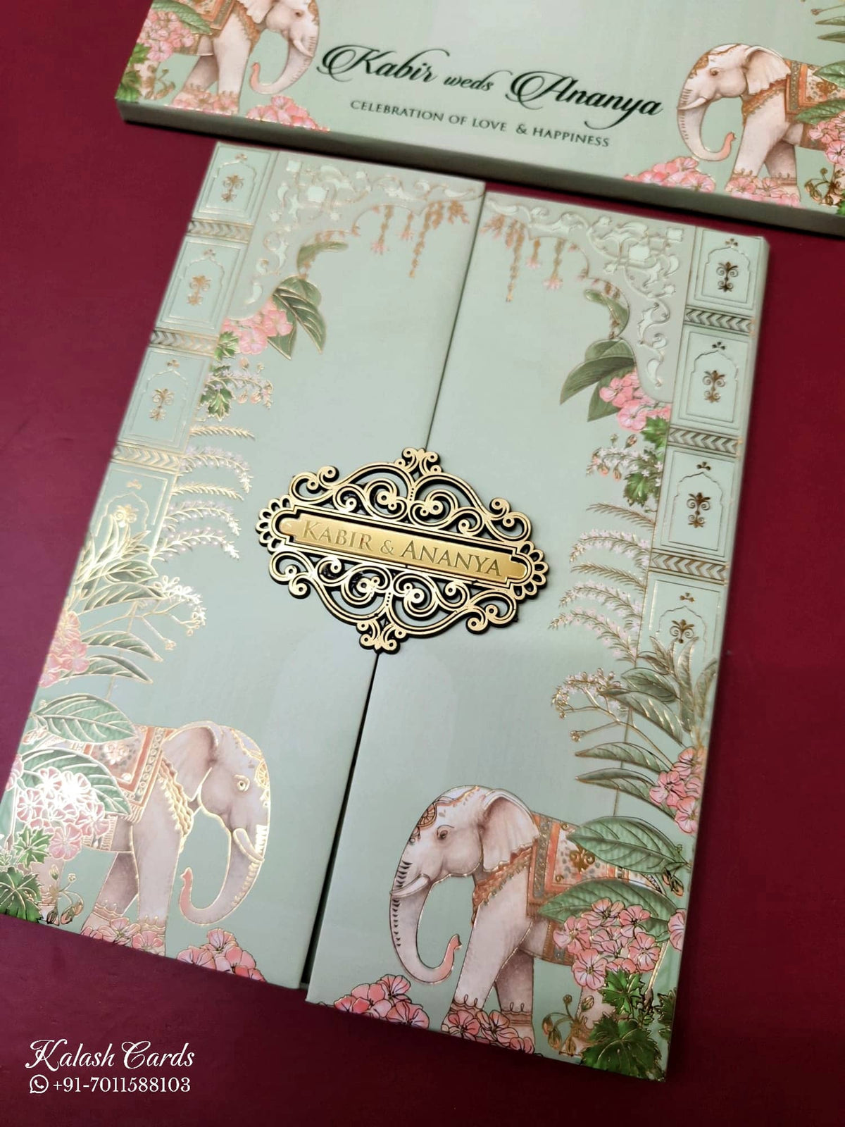 KLB-1066 Green Elephant Door Style Padded Thick Wedding Card (2 Page & Couple Name Acrylic)
