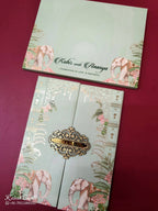 KLB-1066 Green Elephant Door Style Padded Thick Wedding Card (2 Page & Couple Name Acrylic)
