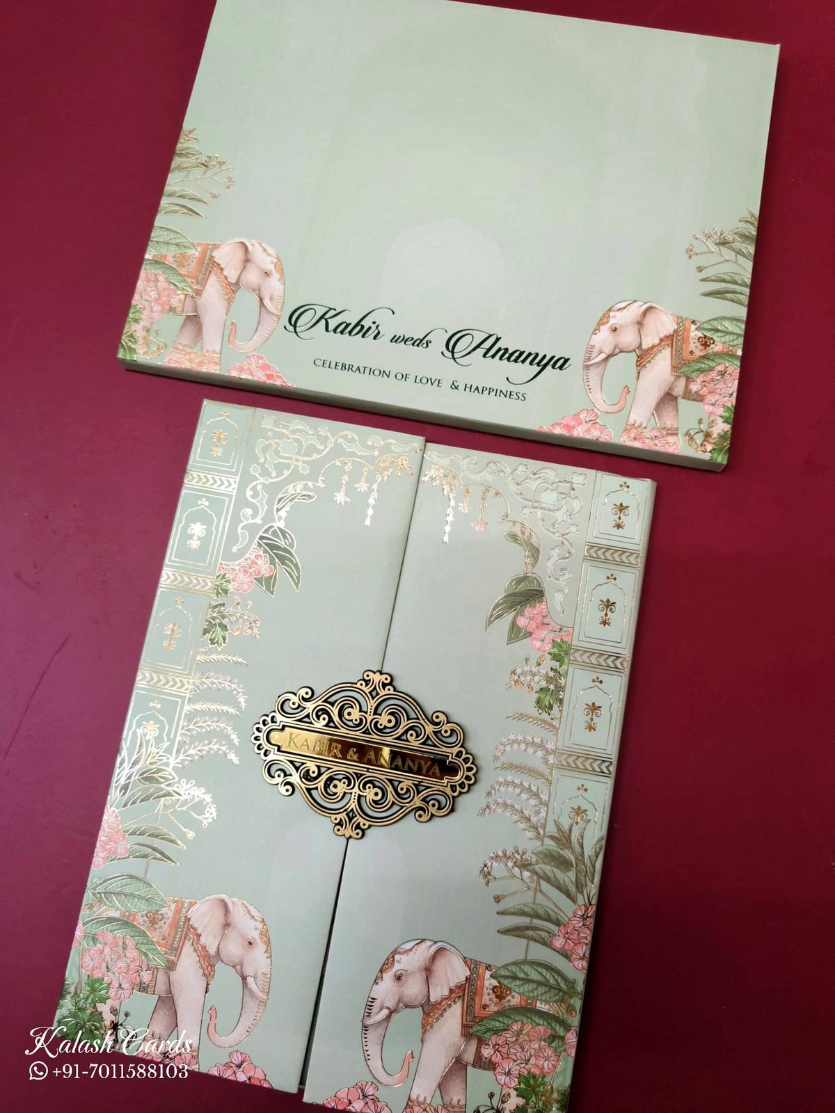 KLB-1066 Green Elephant Door Style Padded Thick Wedding Card (2 Page & Couple Name Acrylic)