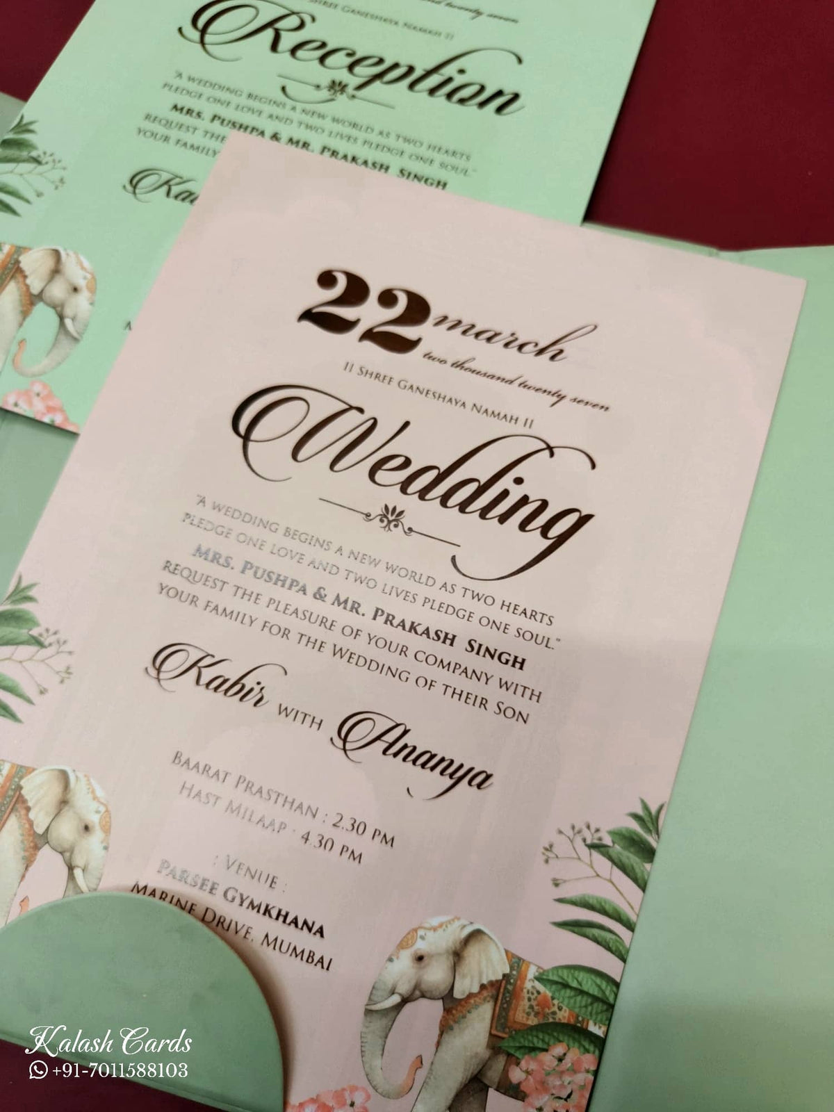 KLB-1066 Green Elephant Door Style Padded Thick Wedding Card (2 Page & Couple Name Acrylic)