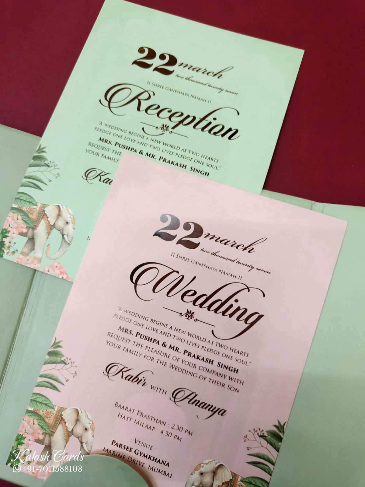 KLB-1066 Green Elephant Door Style Padded Thick Wedding Card (2 Page & Couple Name Acrylic)
