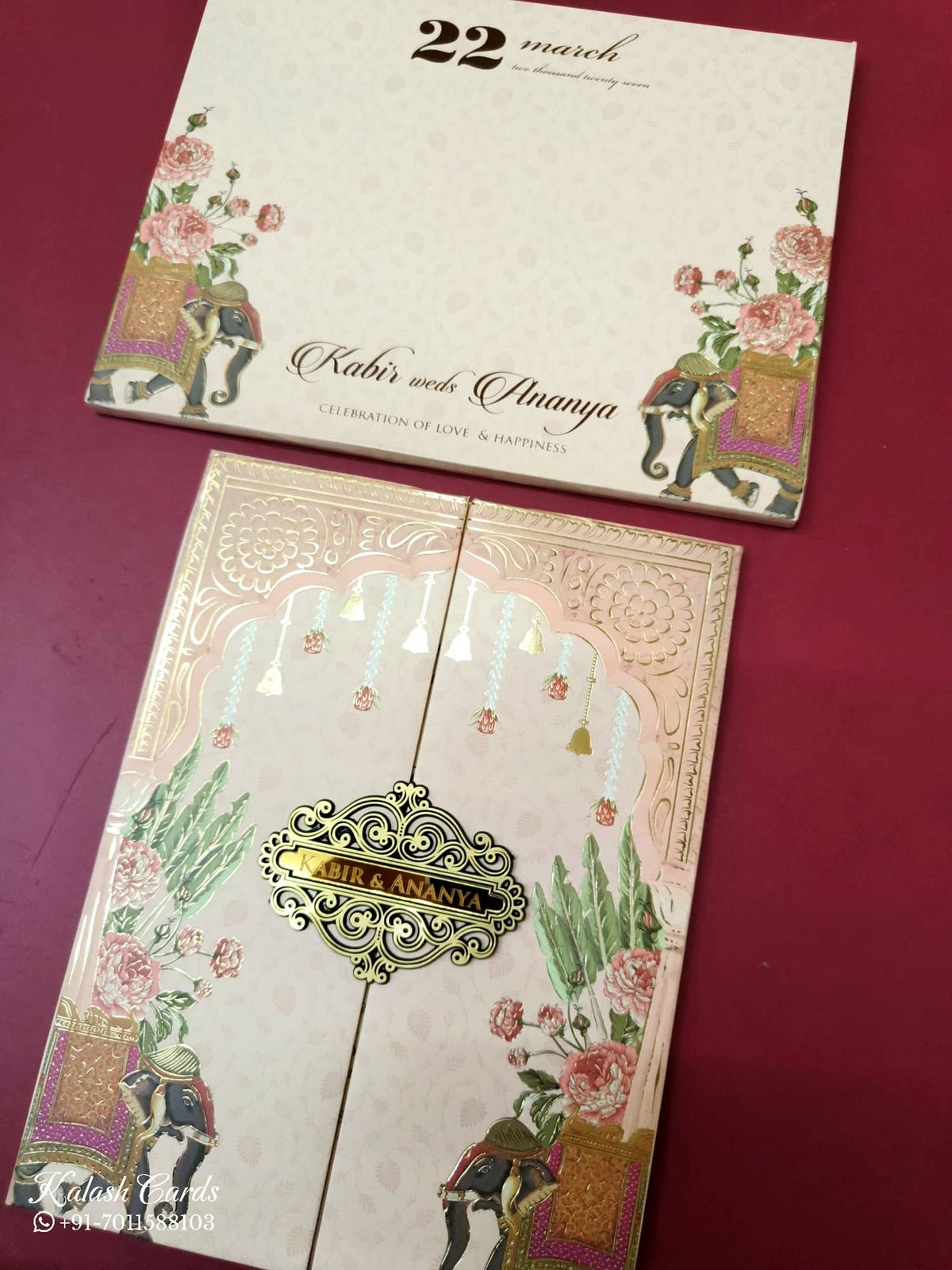 KLB-1067 Peach Elephant Door Style Padded Thick Wedding Card (2 Page & Couple Name Acrylic)