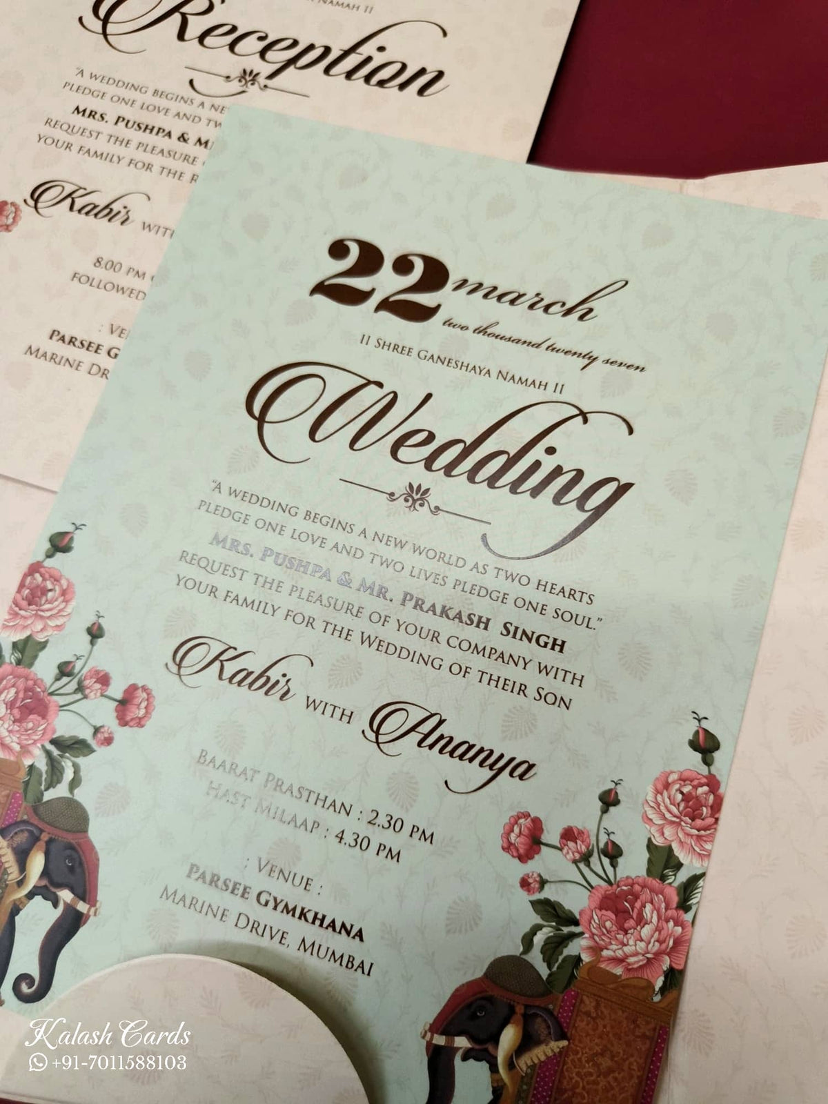 KLB-1067 Peach Elephant Door Style Padded Thick Wedding Card (2 Page & Couple Name Acrylic)