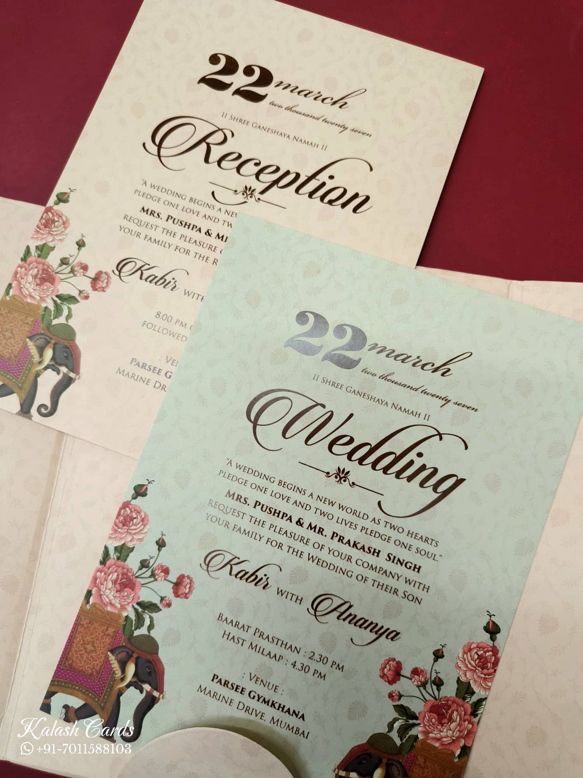 KLB-1067 Peach Elephant Door Style Padded Thick Wedding Card (2 Page & Couple Name Acrylic)