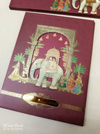 KLB-1068 Maroon Elephant Laser Cut Padded Thick Wedding Card (2 Page & Couple Name Acrylic)