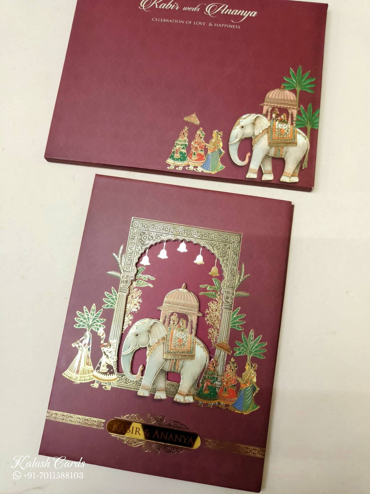 KLB-1068 Maroon Elephant Laser Cut Padded Thick Wedding Card (2 Page & Couple Name Acrylic)
