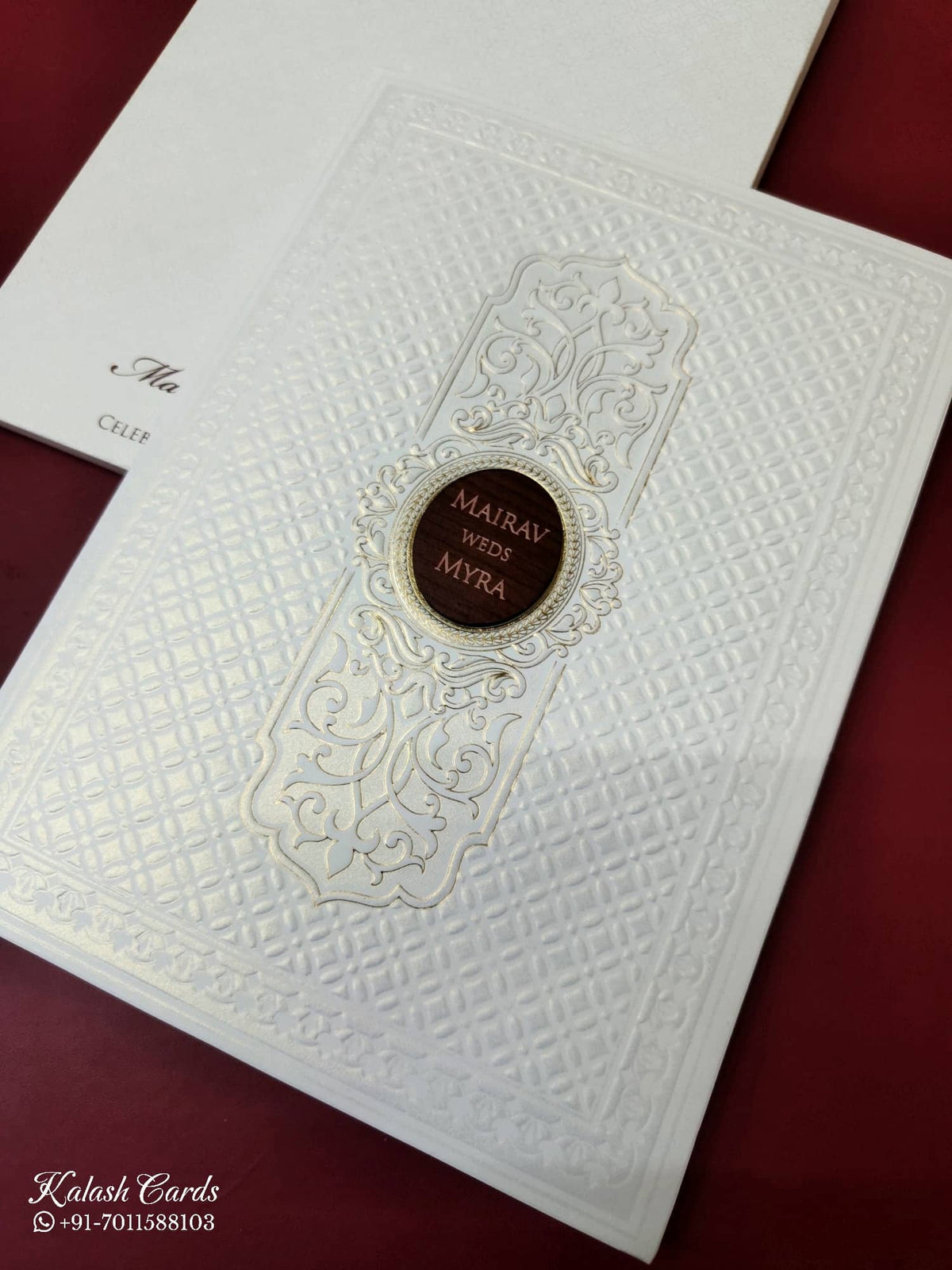 KLB-1069 White Traditional Embossed Semi Box Wedding Card (2 Page & Couple Name Wooden Plate)-Kalash Cards