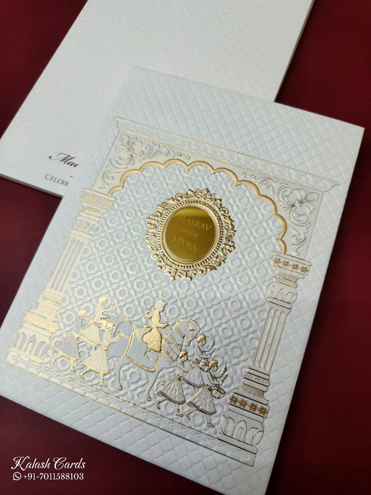 KLB-1070 White Barat Embossed Padded Thick Wedding Card (2 Page & Couple Name Acrylic)-Kalash Cards