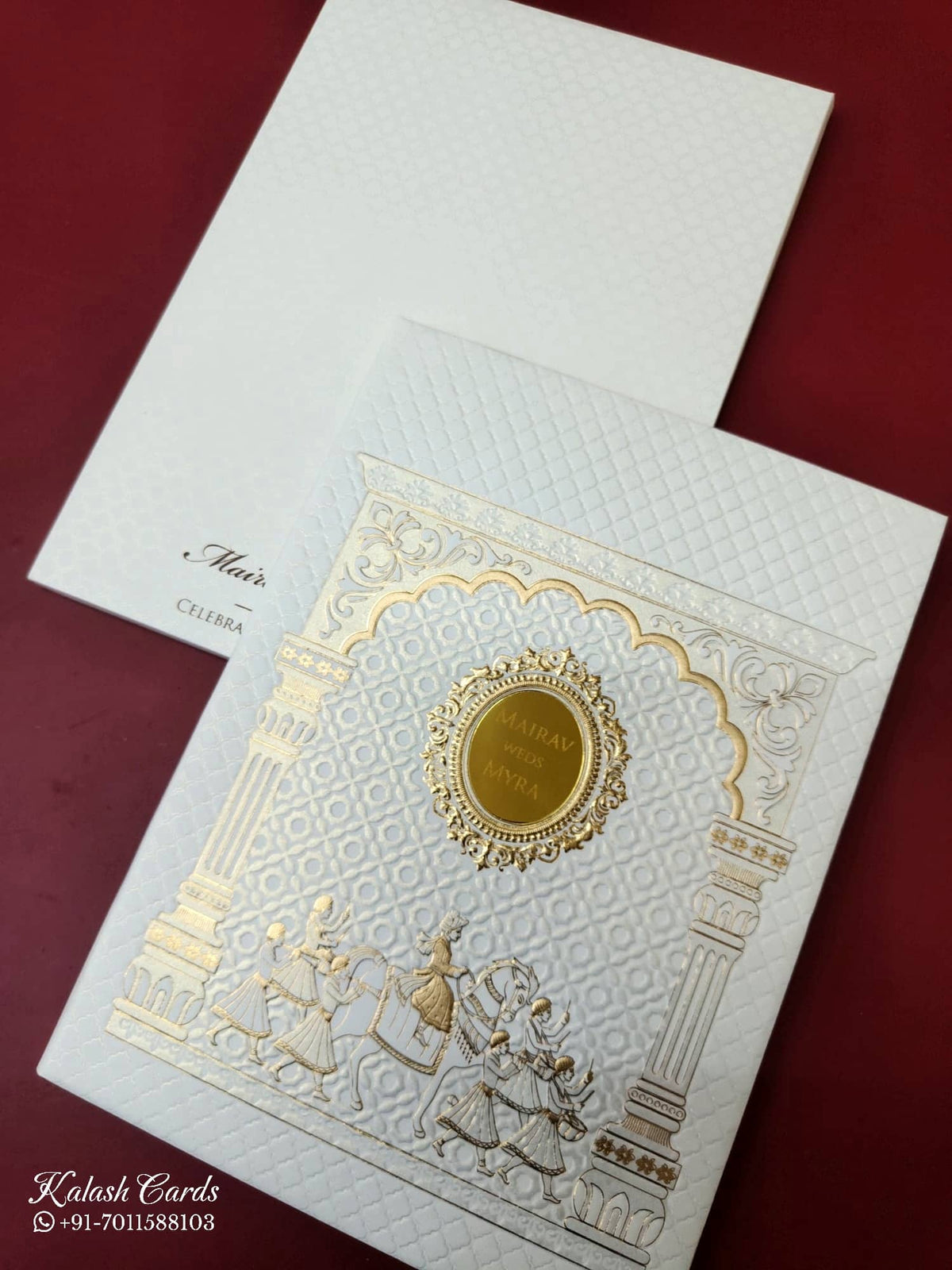 KLB-1070 White Barat Embossed Padded Thick Wedding Card (2 Page & Couple Name Acrylic)-Kalash Cards