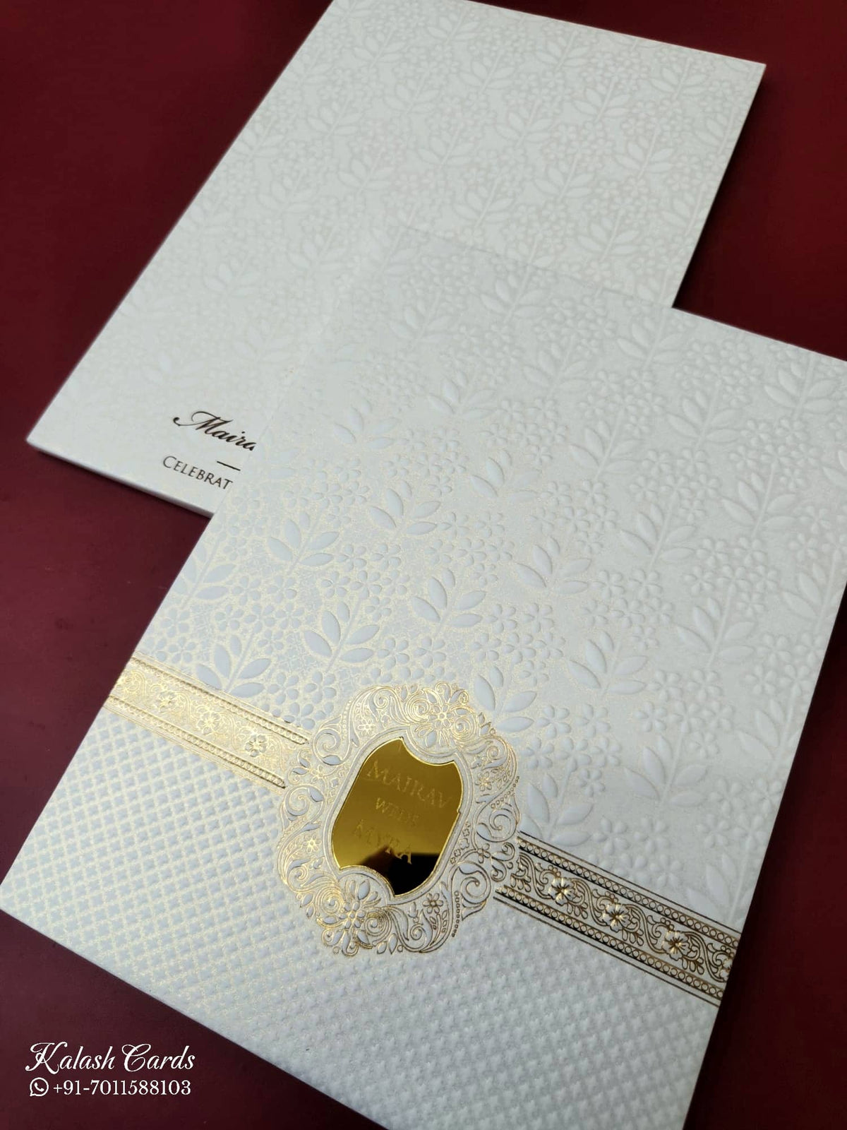 KLB-1071 White Floral Embossed Padded Thick Wedding Card (2 Page & Couple Name Acrylic)-Kalash Cards