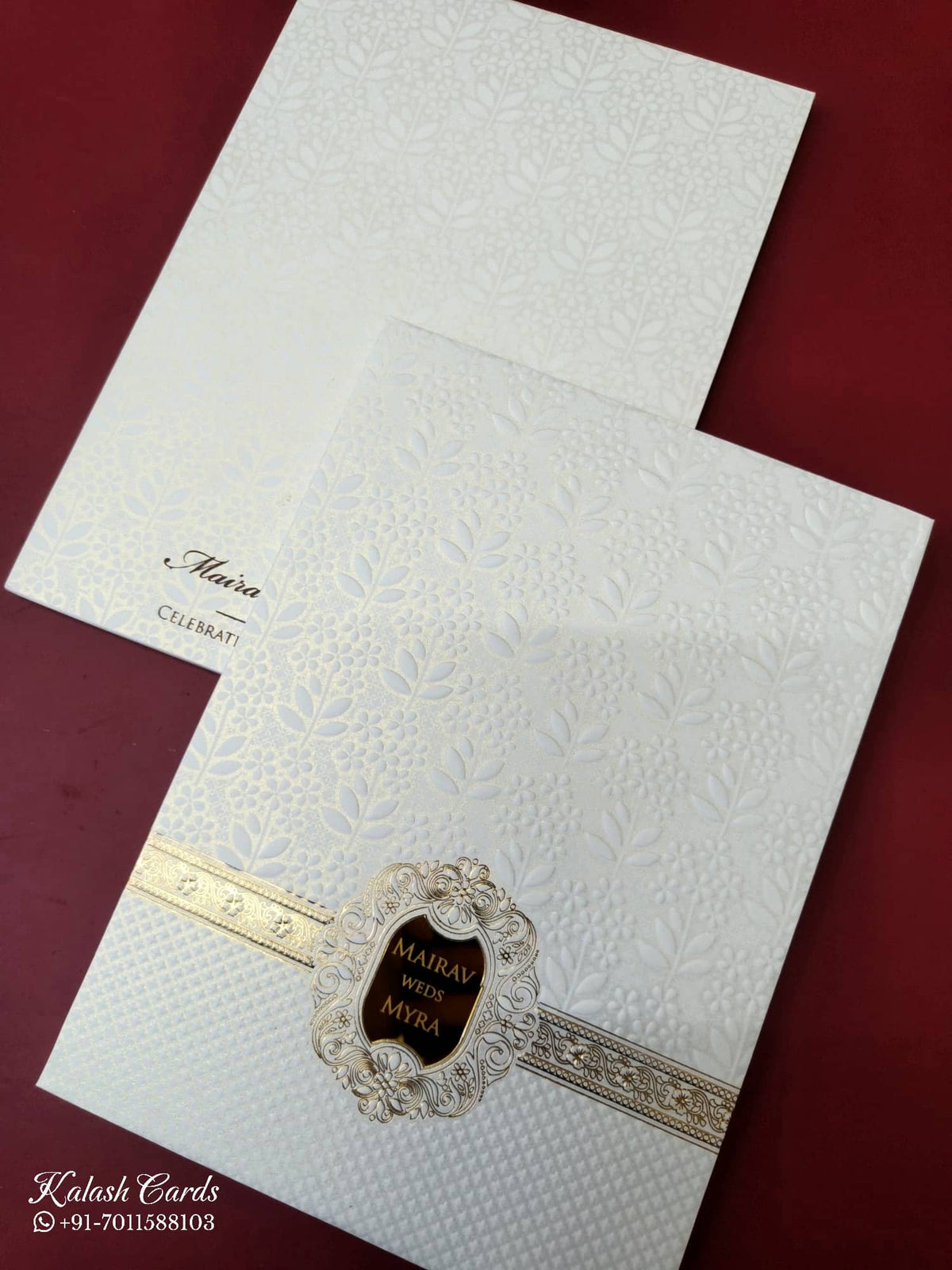 KLB-1071 White Floral Embossed Padded Thick Wedding Card (2 Page & Couple Name Acrylic)-Kalash Cards