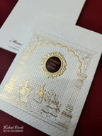 KLB-1072 White Barat Embossed Semi Box Wedding Card (2 Page & Couple Name Wooden Plate)-Kalash Cards