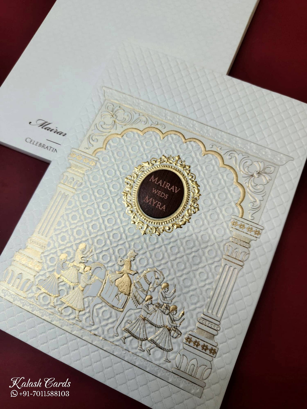 KLB-1072 White Barat Embossed Semi Box Wedding Card (2 Page & Couple Name Wooden Plate)-Kalash Cards