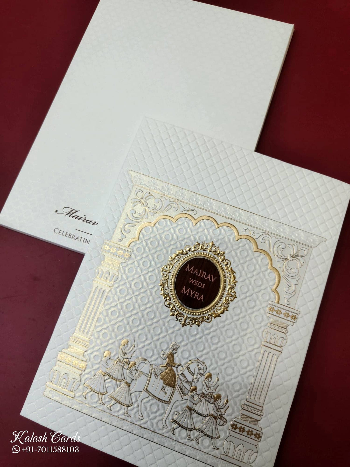 KLB-1072 White Barat Embossed Semi Box Wedding Card (2 Page & Couple Name Wooden Plate)-Kalash Cards